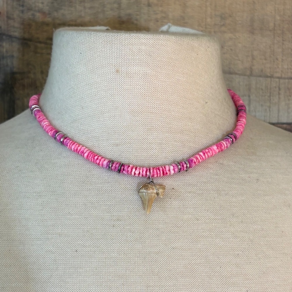 Pink Heishi Bead Pendant Necklace 17 Inch Coastal Surfer Choker
